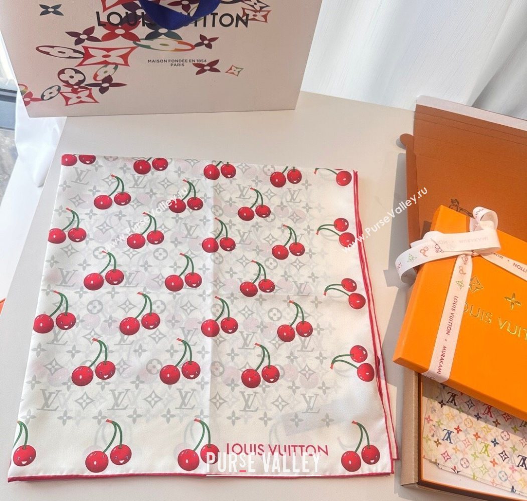 Louis Vuitton LV x TM Cherry Cerise Silk Square Scarf 90x90cm White 2025 (SHI-250617050)