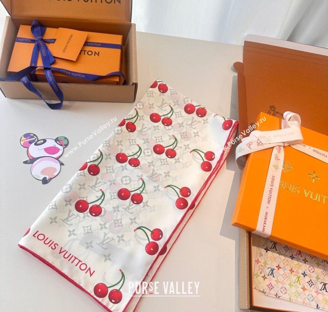 Louis Vuitton LV x TM Cherry Cerise Silk Square Scarf 90x90cm White 2025 (SHI-250617050)