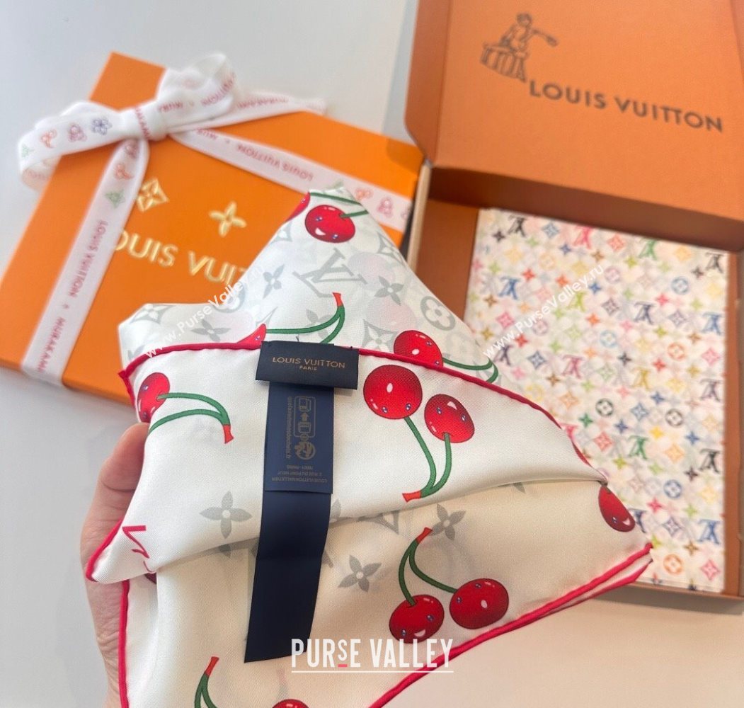 Louis Vuitton LV x TM Cherry Cerise Silk Square Scarf 90x90cm White 2025 (SHI-250617050)