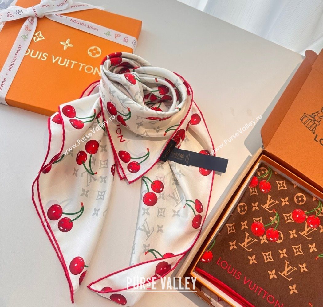 Louis Vuitton LV x TM Cherry Cerise Silk Square Scarf 90x90cm White 2025 (SHI-250617050)