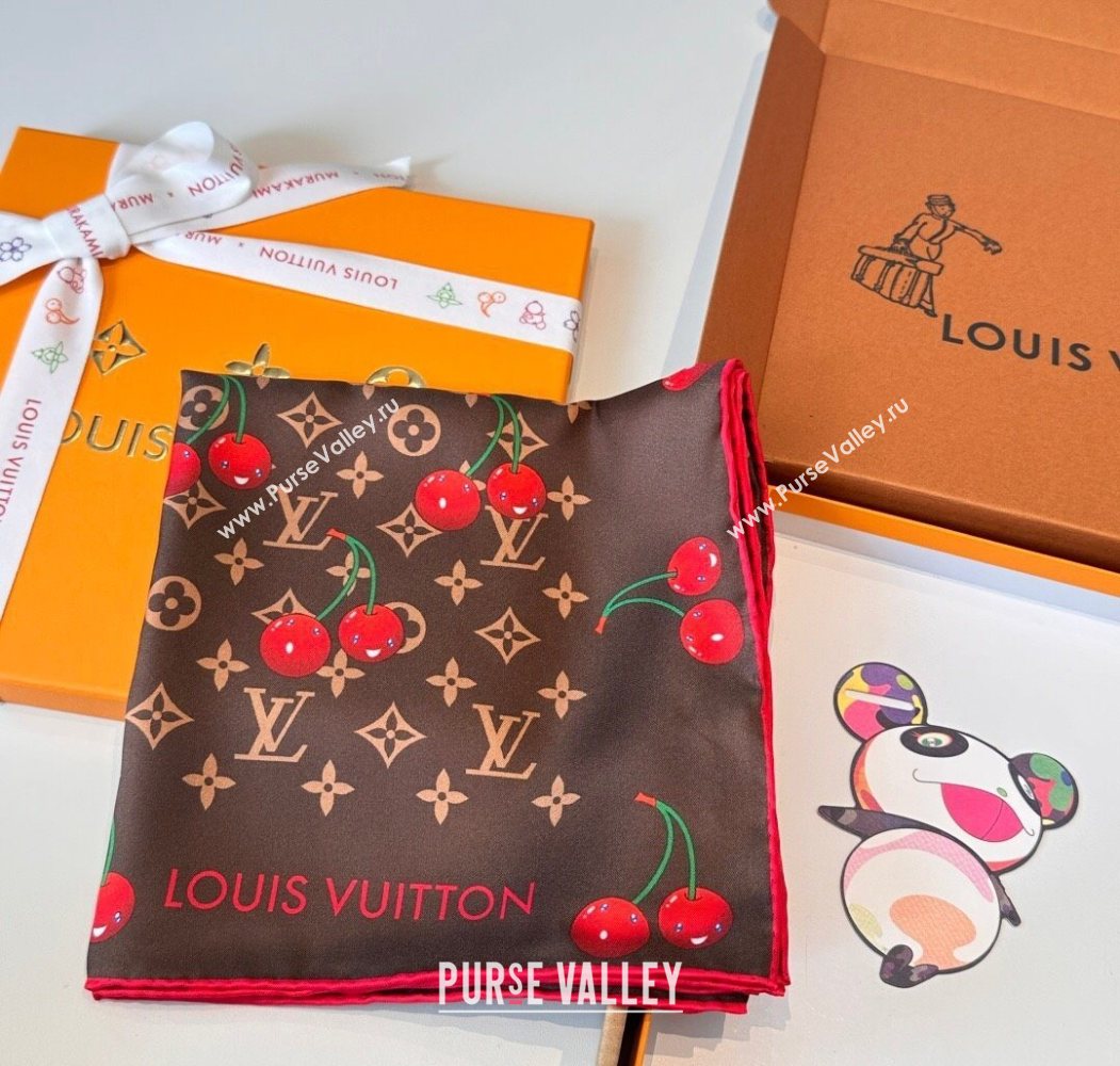 Louis Vuitton LV x TM Cherry Cerise Silk Square Scarf 90x90cm Brown 2025 0617 (SHI-250617051)