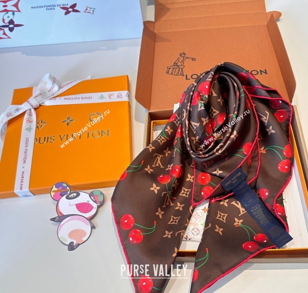 Louis Vuitton LV x TM Cherry Cerise Silk Square Scarf 90x90cm Brown 2025 0617 (SHI-250617051)