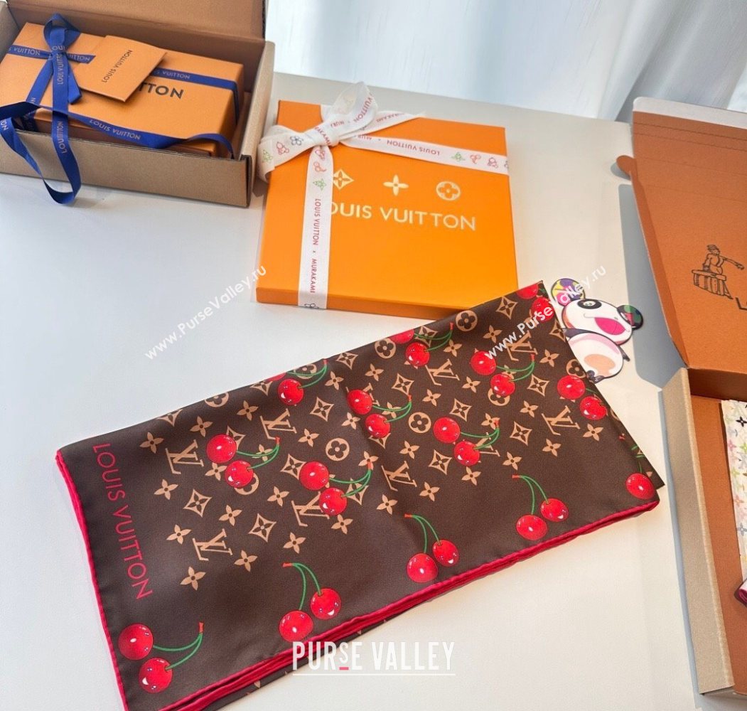 Louis Vuitton LV x TM Cherry Cerise Silk Square Scarf 90x90cm Brown 2025 0617 (SHI-250617051)