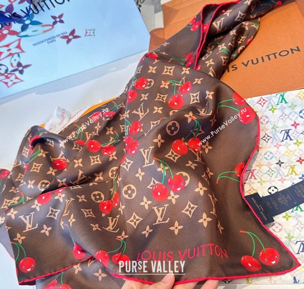 Louis Vuitton LV x TM Cherry Cerise Silk Square Scarf 90x90cm Brown 2025 0617 (SHI-250617051)