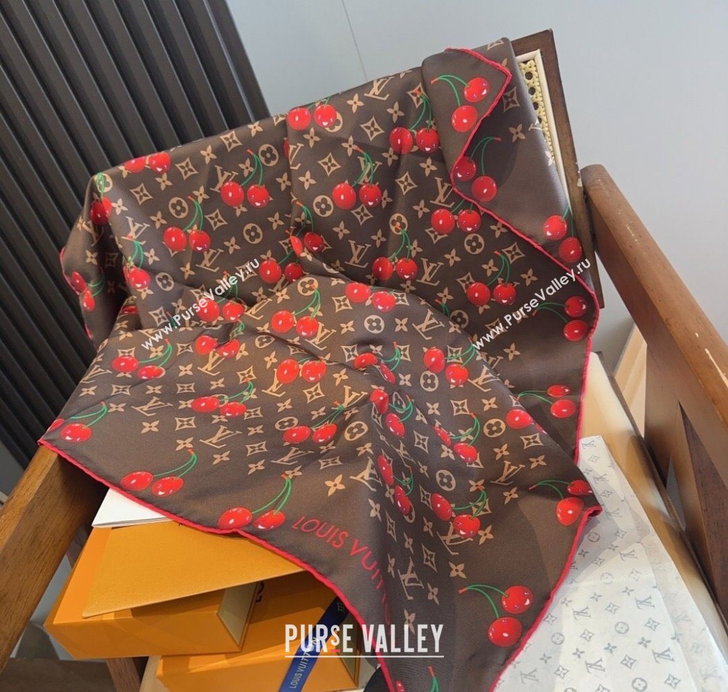Louis Vuitton LV x TM Cherry Cerise Silk Square Scarf 90x90cm Brown 2025 0617 (SHI-250617051)