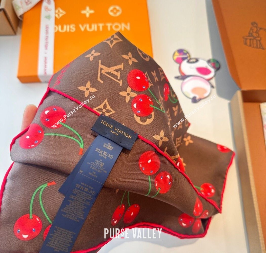 Louis Vuitton LV x TM Cherry Cerise Silk Square Scarf 90x90cm Brown 2025 0617 (SHI-250617051)