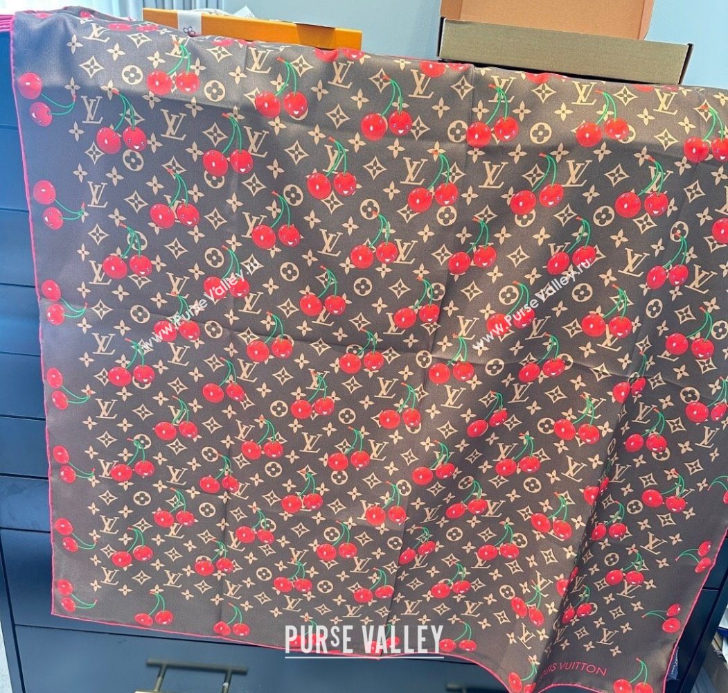 Louis Vuitton LV x TM Cherry Cerise Silk Square Scarf 90x90cm Brown 2025 0617 (SHI-250617051)