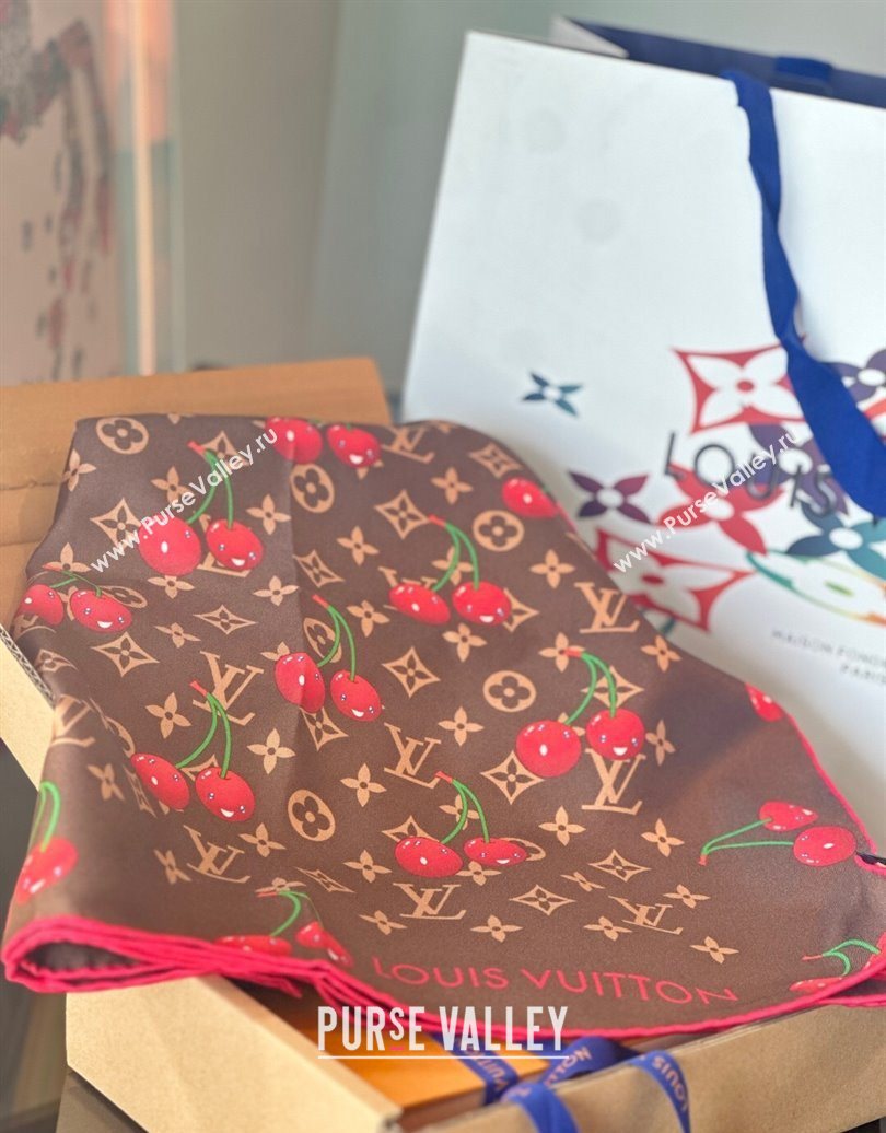 Louis Vuitton LV x TM Cherry Cerise Silk Square Scarf 90x90cm Brown 2025 0617 (SHI-250617051)