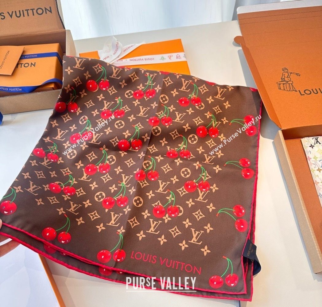 Louis Vuitton LV x TM Cherry Cerise Silk Square Scarf 90x90cm Brown 2025 0617 (SHI-250617051)