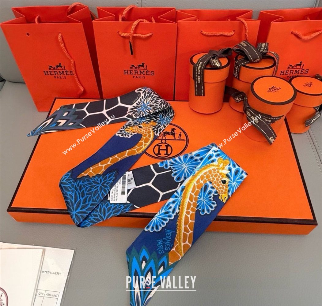 Hermes Giraffe Twilly Silk Bandeau Scarf 5x86cm Navy Blue 2025 0724 (XMN-250724024)