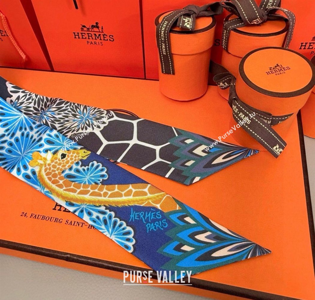 Hermes Giraffe Twilly Silk Bandeau Scarf 5x86cm Navy Blue 2025 0724 (XMN-250724024)