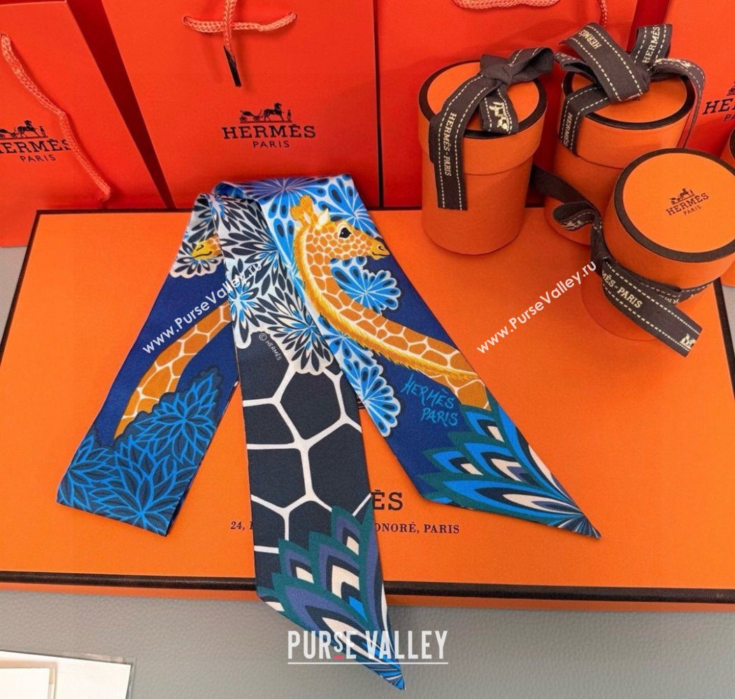 Hermes Giraffe Twilly Silk Bandeau Scarf 5x86cm Navy Blue 2025 0724 (XMN-250724024)