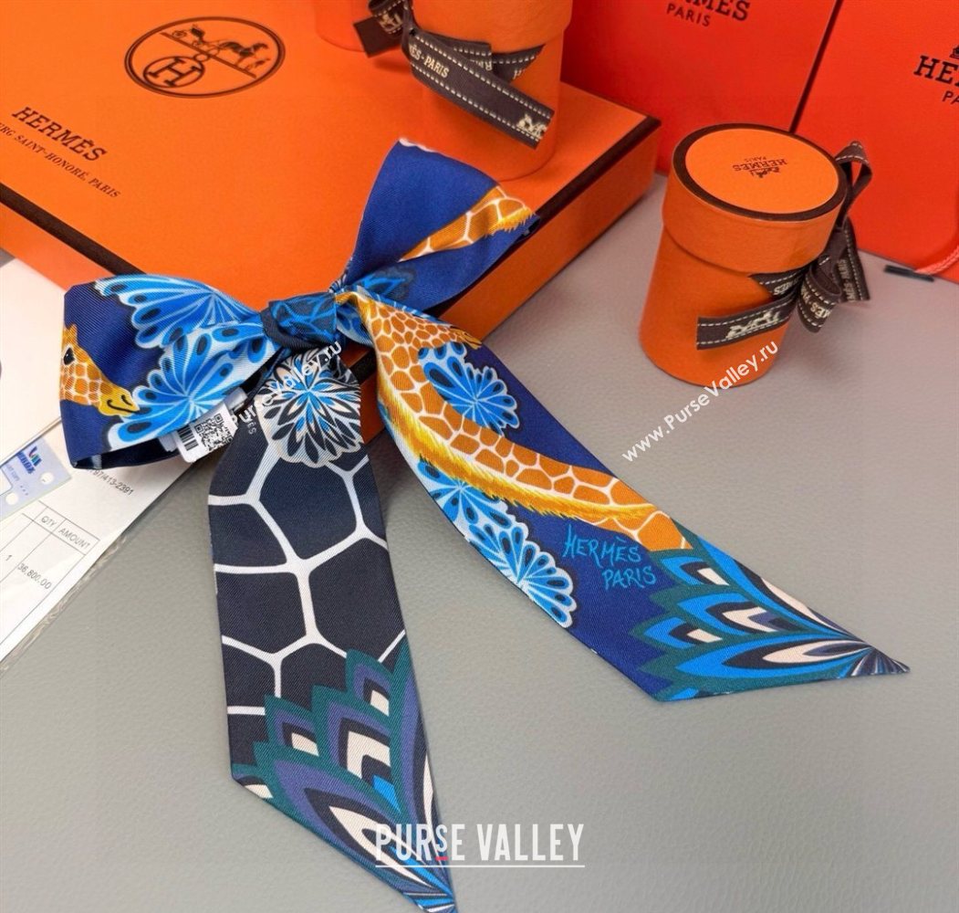 Hermes Giraffe Twilly Silk Bandeau Scarf 5x86cm Navy Blue 2025 0724 (XMN-250724024)