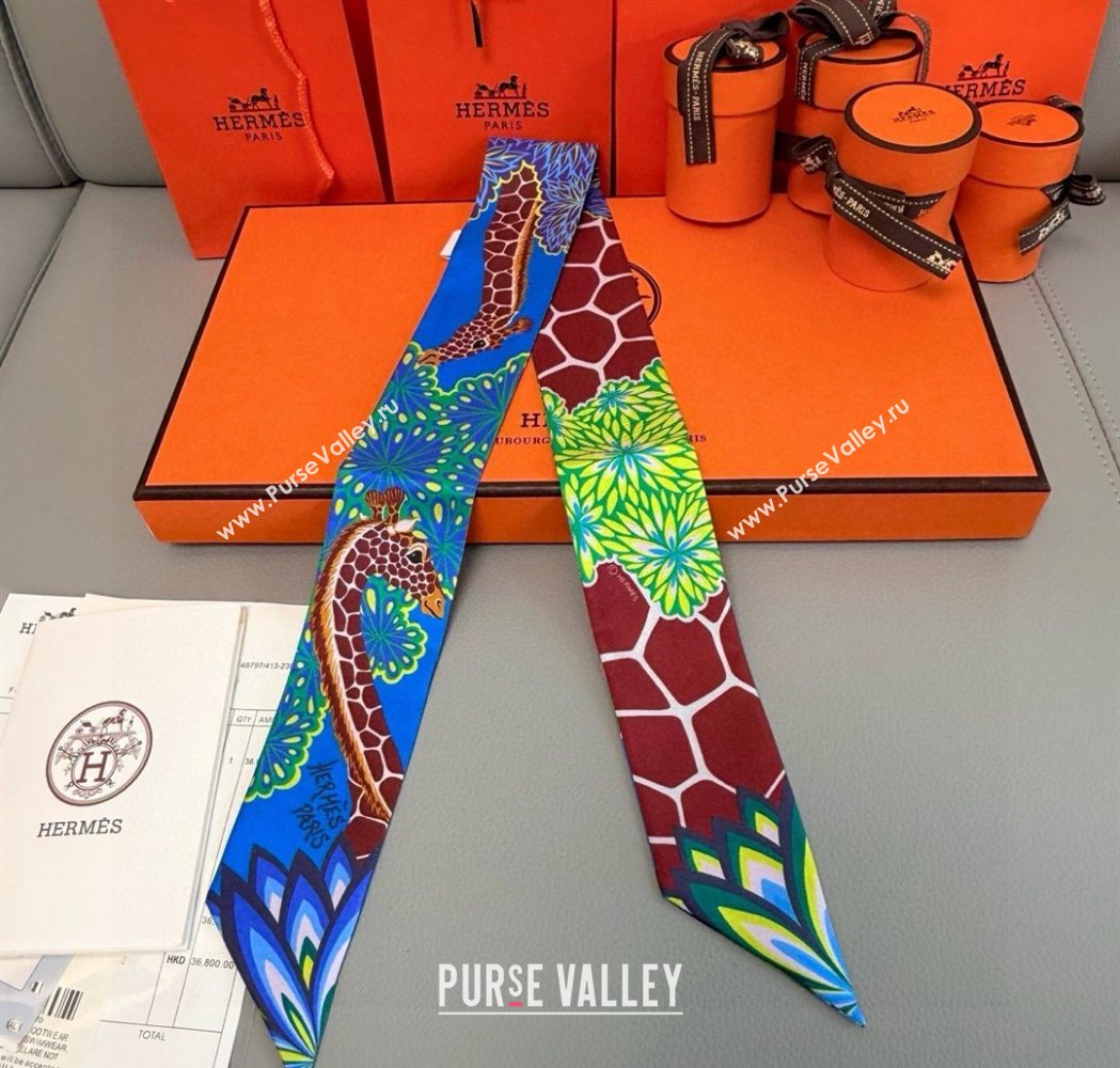 Hermes Giraffe Twilly Silk Bandeau Scarf 5x86cm Sky Blue 2025 0724 (XMN-250724025)