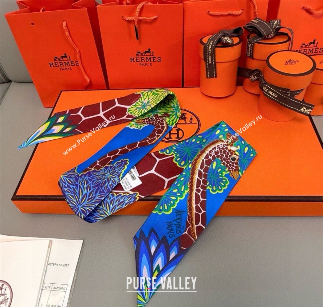 Hermes Giraffe Twilly Silk Bandeau Scarf 5x86cm Sky Blue 2025 0724 (XMN-250724025)