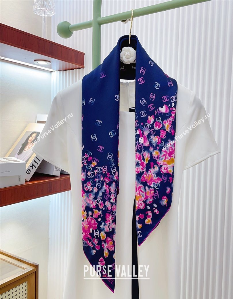 Chanel Flower Silk Square Scarf 90x90cm Blue 2025 0724 (SHI-250724028)