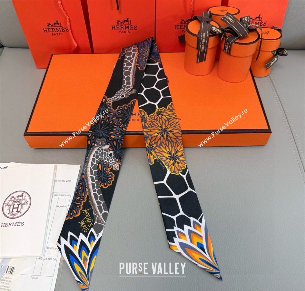 Hermes Giraffe Twilly Silk Bandeau Scarf 5x86cm Black 2025 0724 (XMN-250724026)