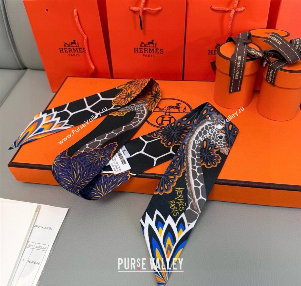 Hermes Giraffe Twilly Silk Bandeau Scarf 5x86cm Black 2025 0724 (XMN-250724026)