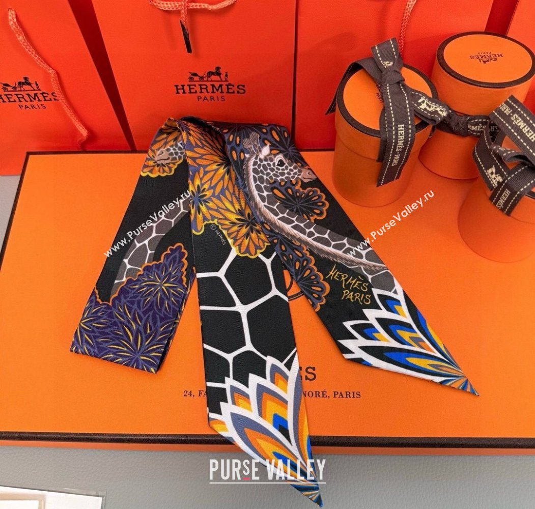 Hermes Giraffe Twilly Silk Bandeau Scarf 5x86cm Black 2025 0724 (XMN-250724026)