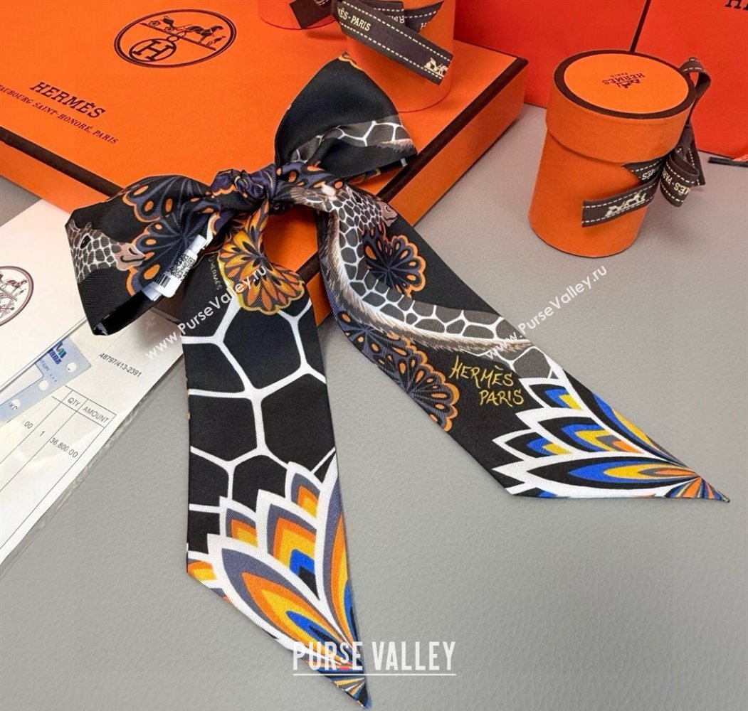 Hermes Giraffe Twilly Silk Bandeau Scarf 5x86cm Black 2025 0724 (XMN-250724026)