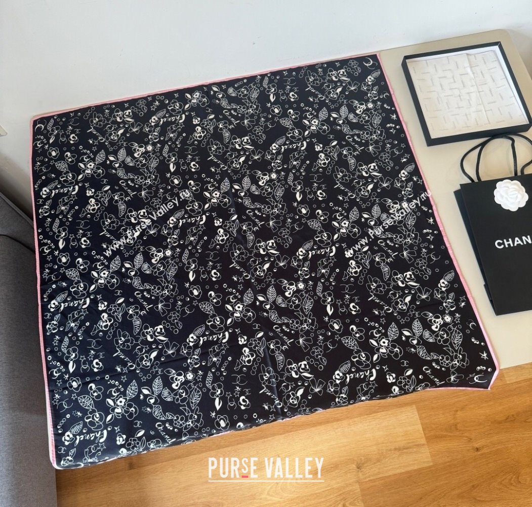 Chanel Flora Silk Square Scarf 90x90cm Black 2025 0724 (XMN-250724033)