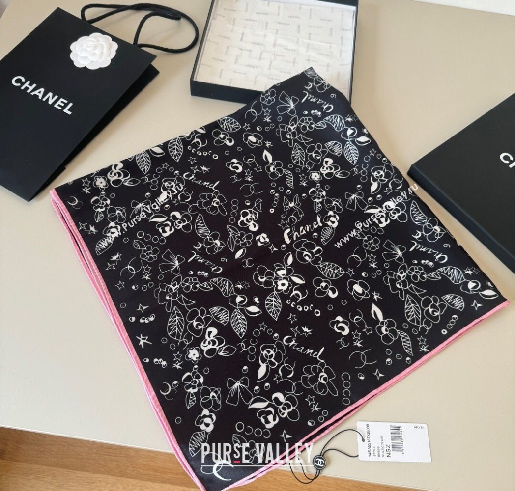 Chanel Flora Silk Square Scarf 90x90cm Black 2025 0724 (XMN-250724033)