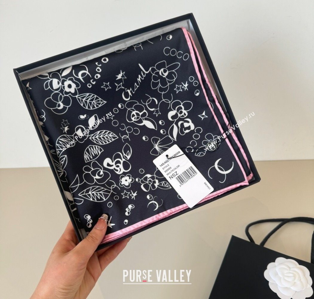 Chanel Flora Silk Square Scarf 90x90cm Black 2025 0724 (XMN-250724033)