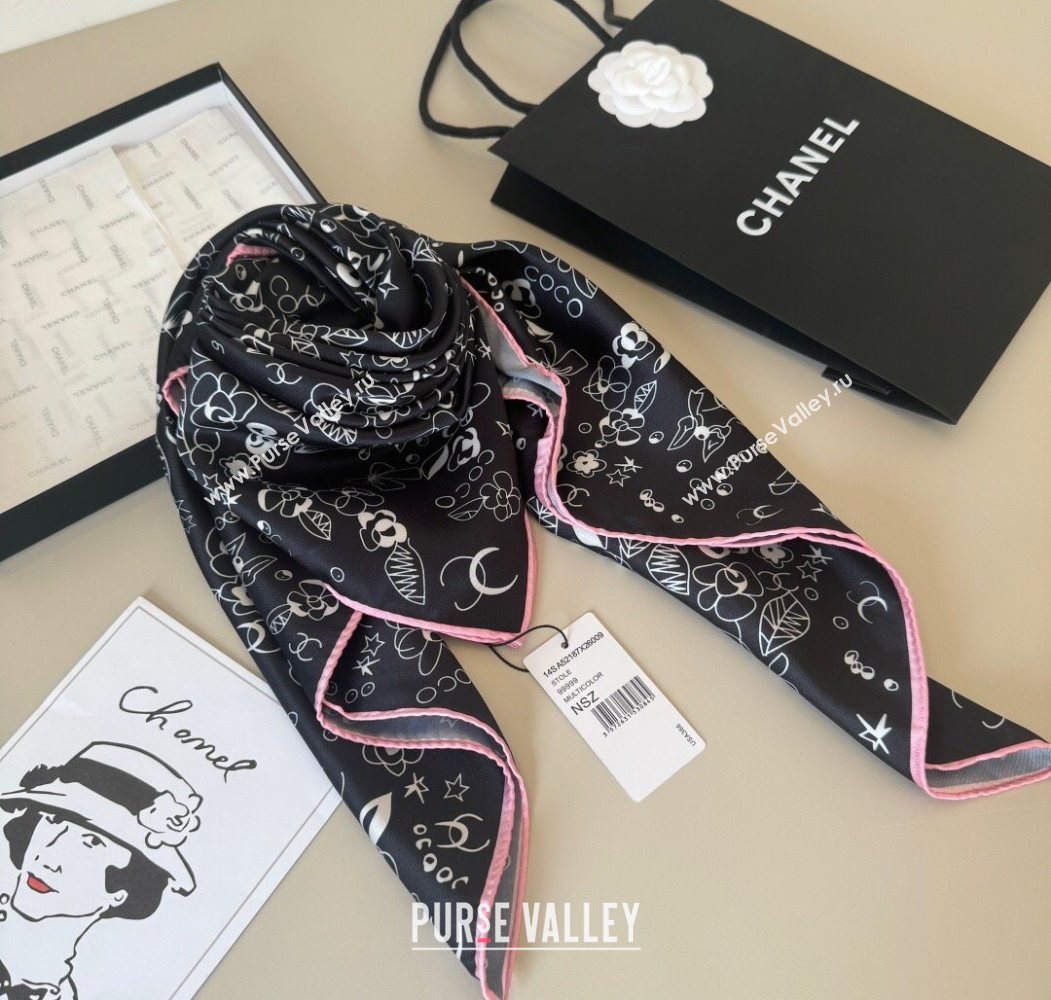 Chanel Flora Silk Square Scarf 90x90cm Black 2025 0724 (XMN-250724033)