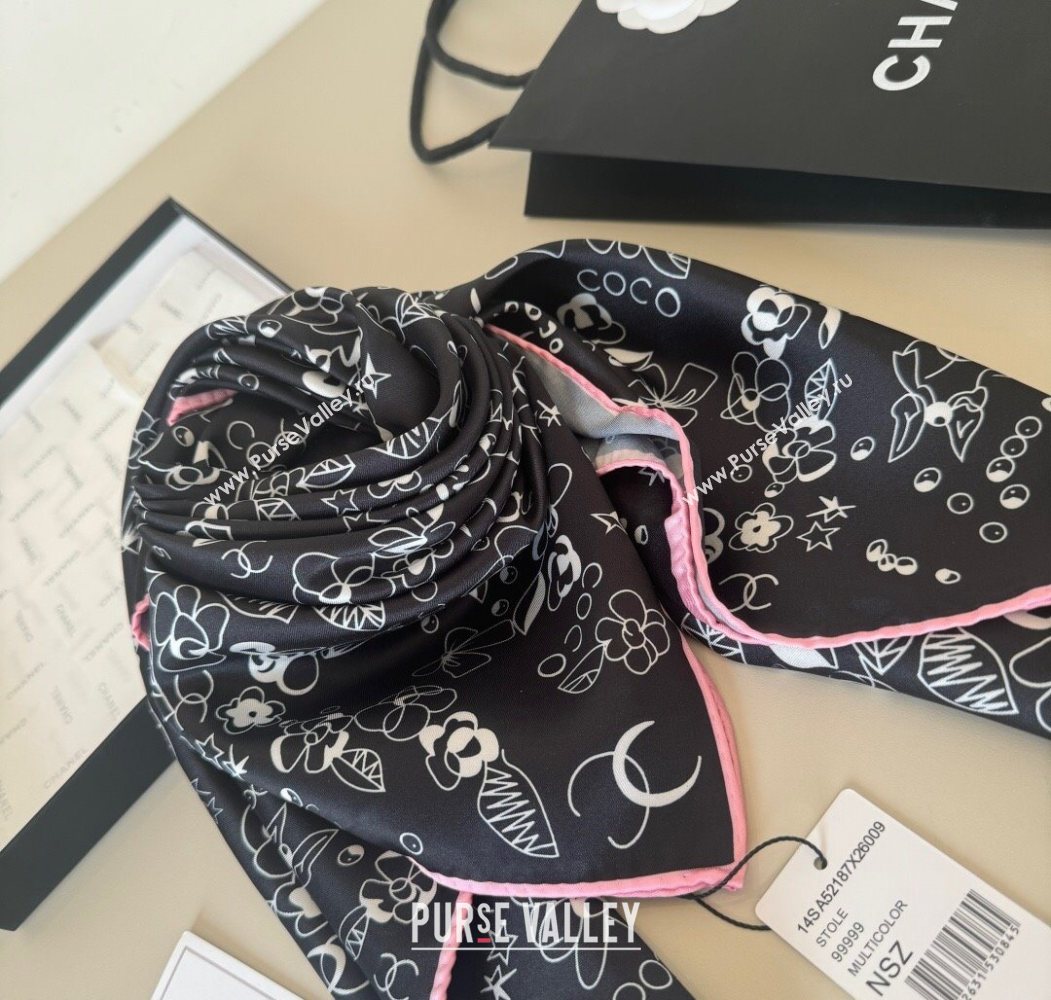 Chanel Flora Silk Square Scarf 90x90cm Black 2025 0724 (XMN-250724033)