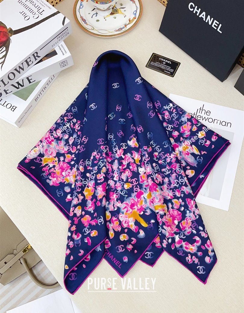Chanel Flower Silk Square Scarf 90x90cm Blue 2025 0724 (SHI-250724028)