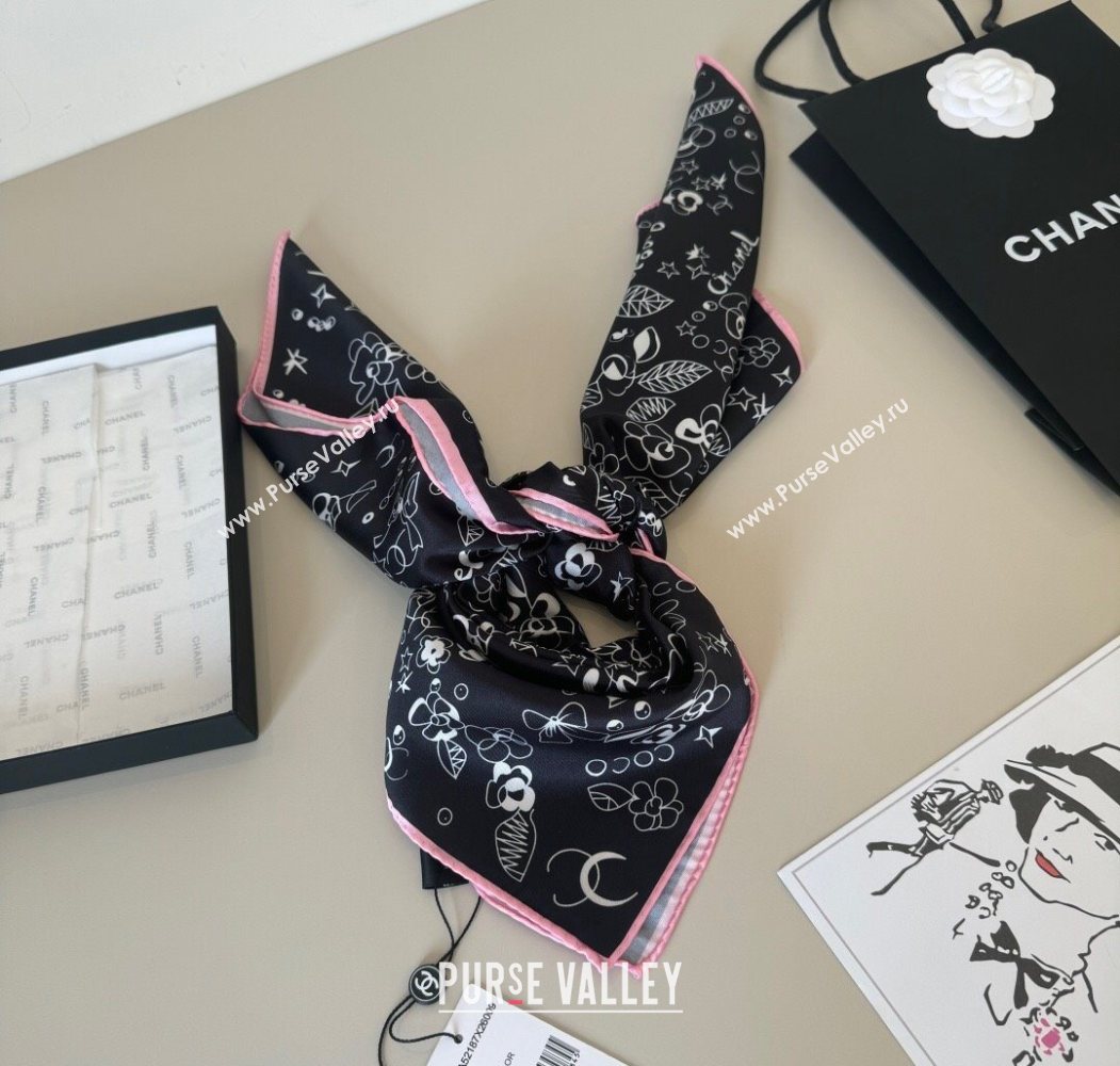 Chanel Flora Silk Square Scarf 90x90cm Black 2025 0724 (XMN-250724033)