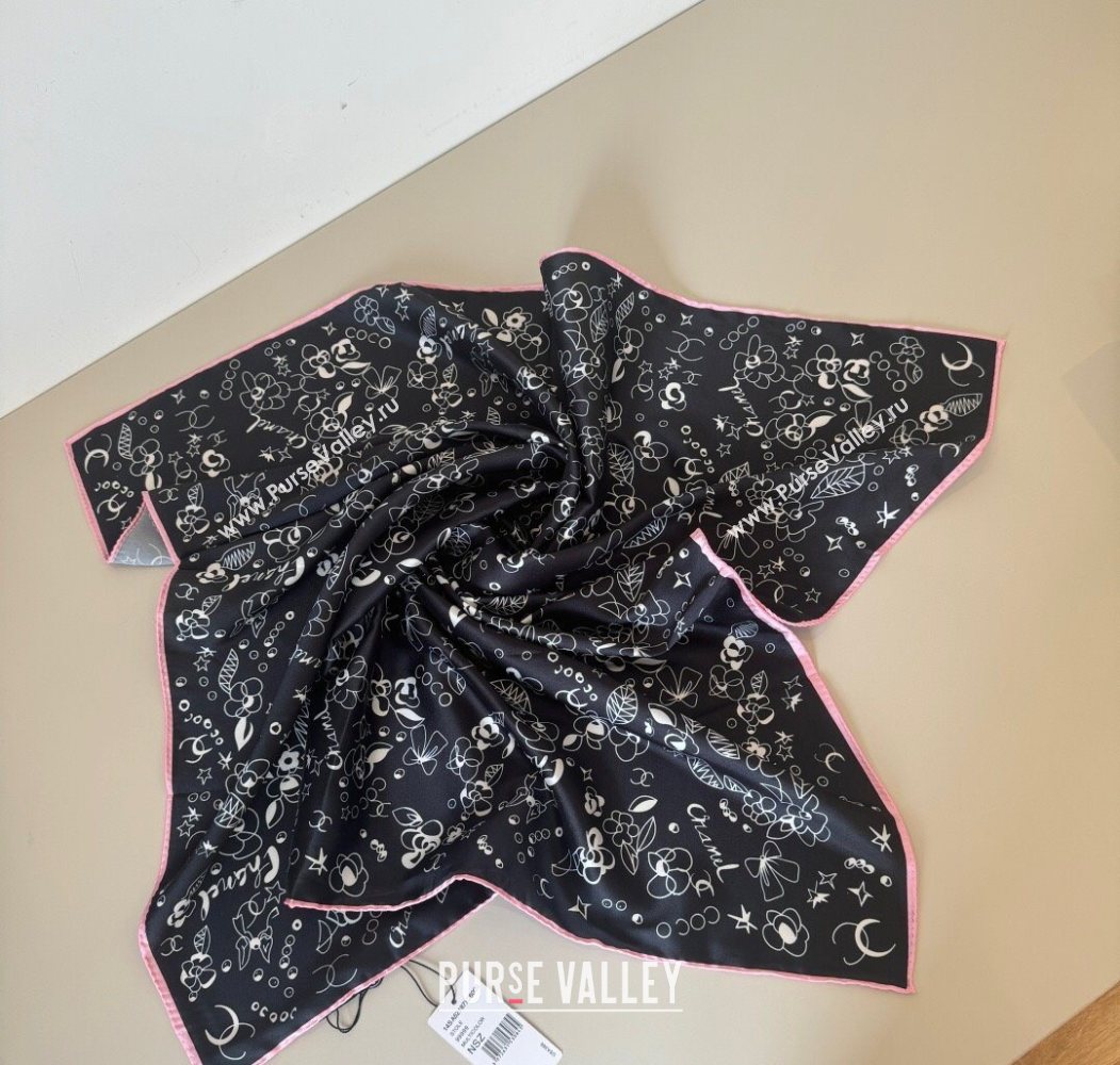 Chanel Flora Silk Square Scarf 90x90cm Black 2025 0724 (XMN-250724033)