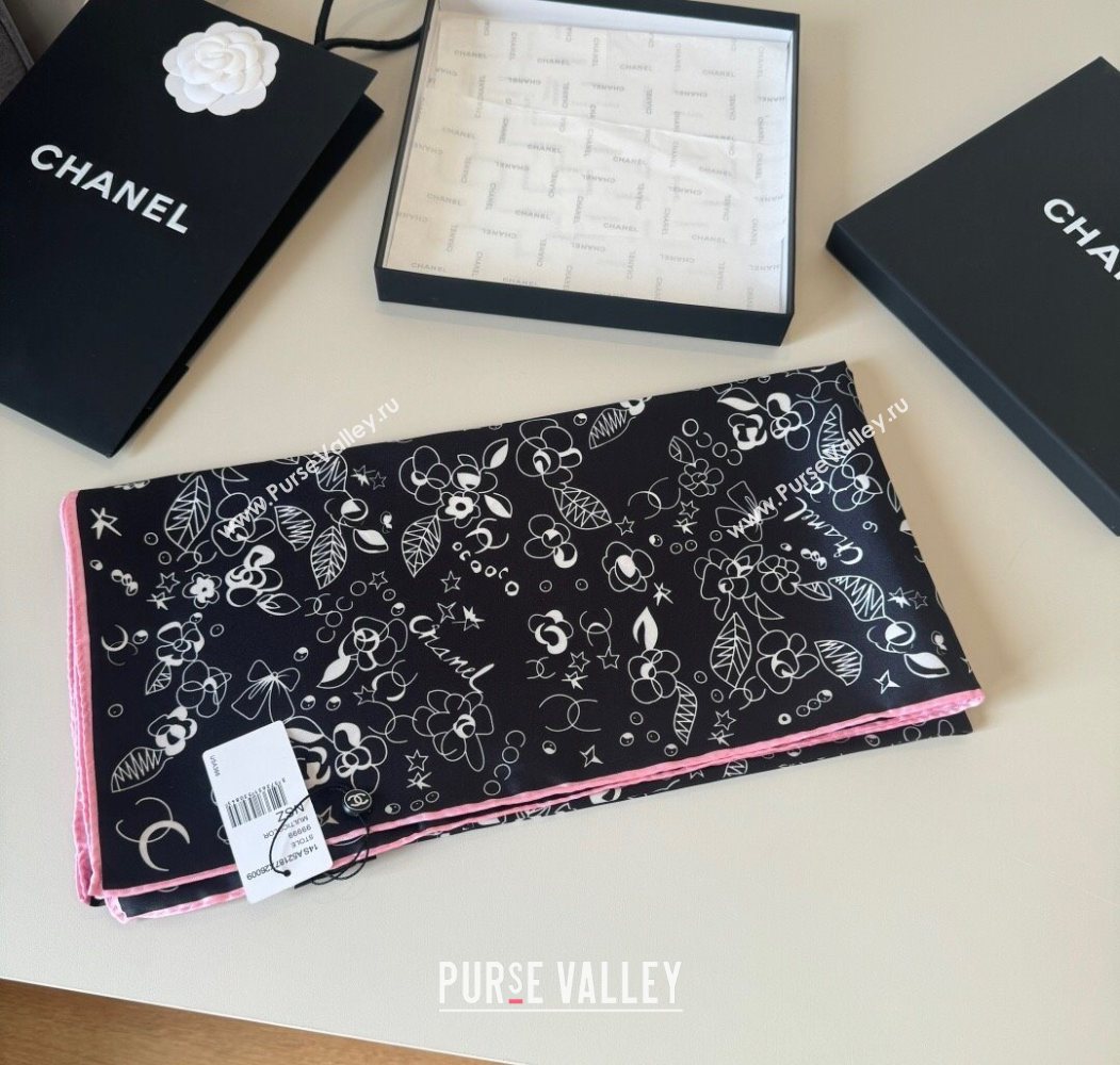 Chanel Flora Silk Square Scarf 90x90cm Black 2025 0724 (XMN-250724033)