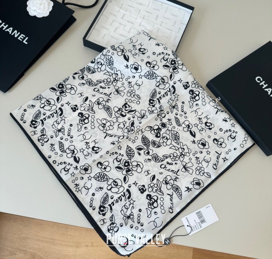 Chanel Flora Silk Square Scarf 90x90cm White 2025 0724 (XMN-250724034)