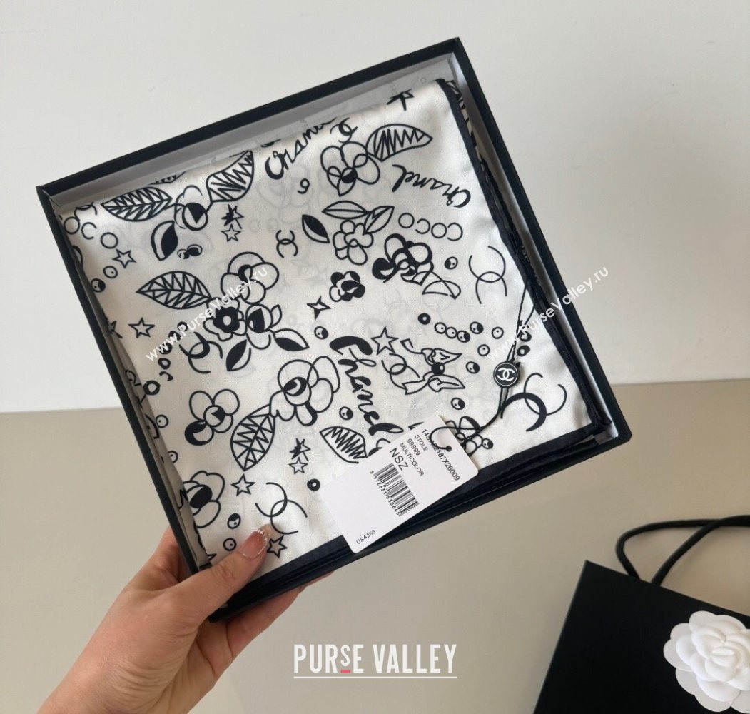 Chanel Flora Silk Square Scarf 90x90cm White 2025 0724 (XMN-250724034)