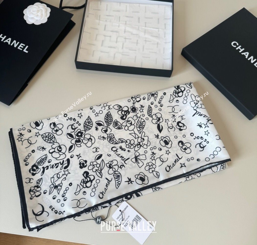 Chanel Flora Silk Square Scarf 90x90cm White 2025 0724 (XMN-250724034)