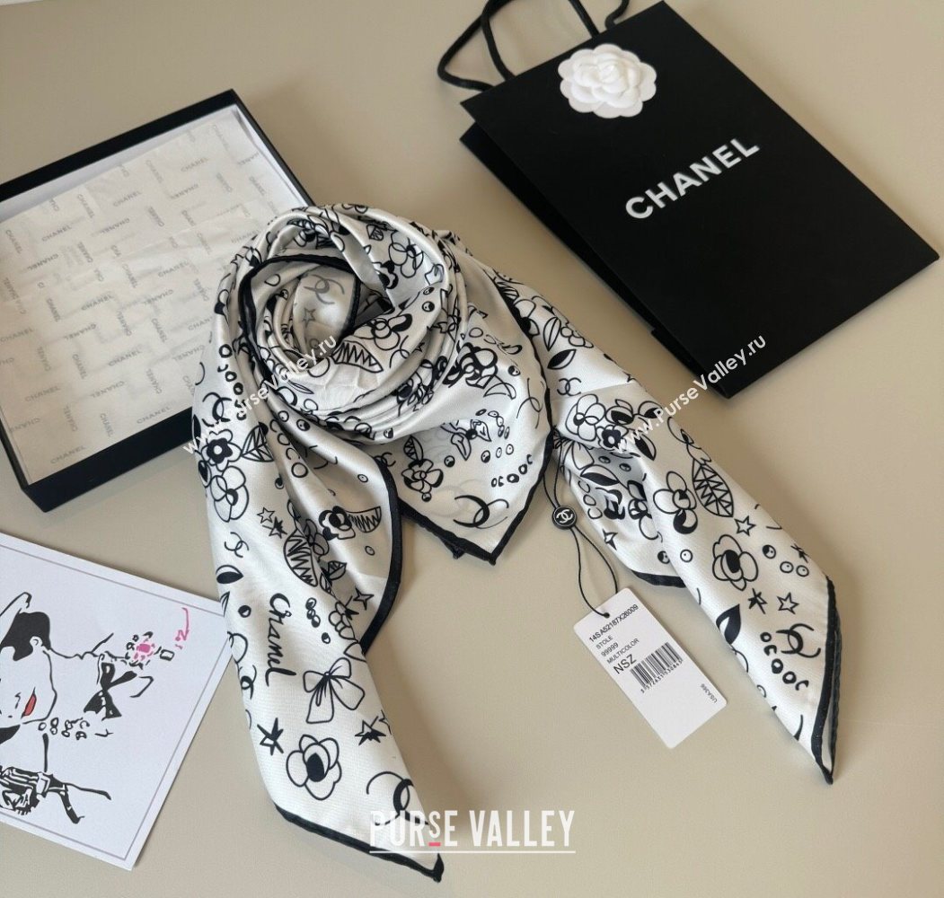 Chanel Flora Silk Square Scarf 90x90cm White 2025 0724 (XMN-250724034)