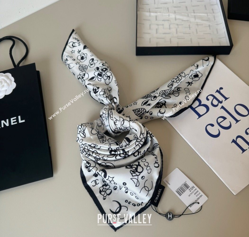Chanel Flora Silk Square Scarf 90x90cm White 2025 0724 (XMN-250724034)