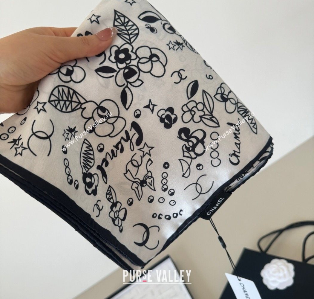 Chanel Flora Silk Square Scarf 90x90cm White 2025 0724 (XMN-250724034)
