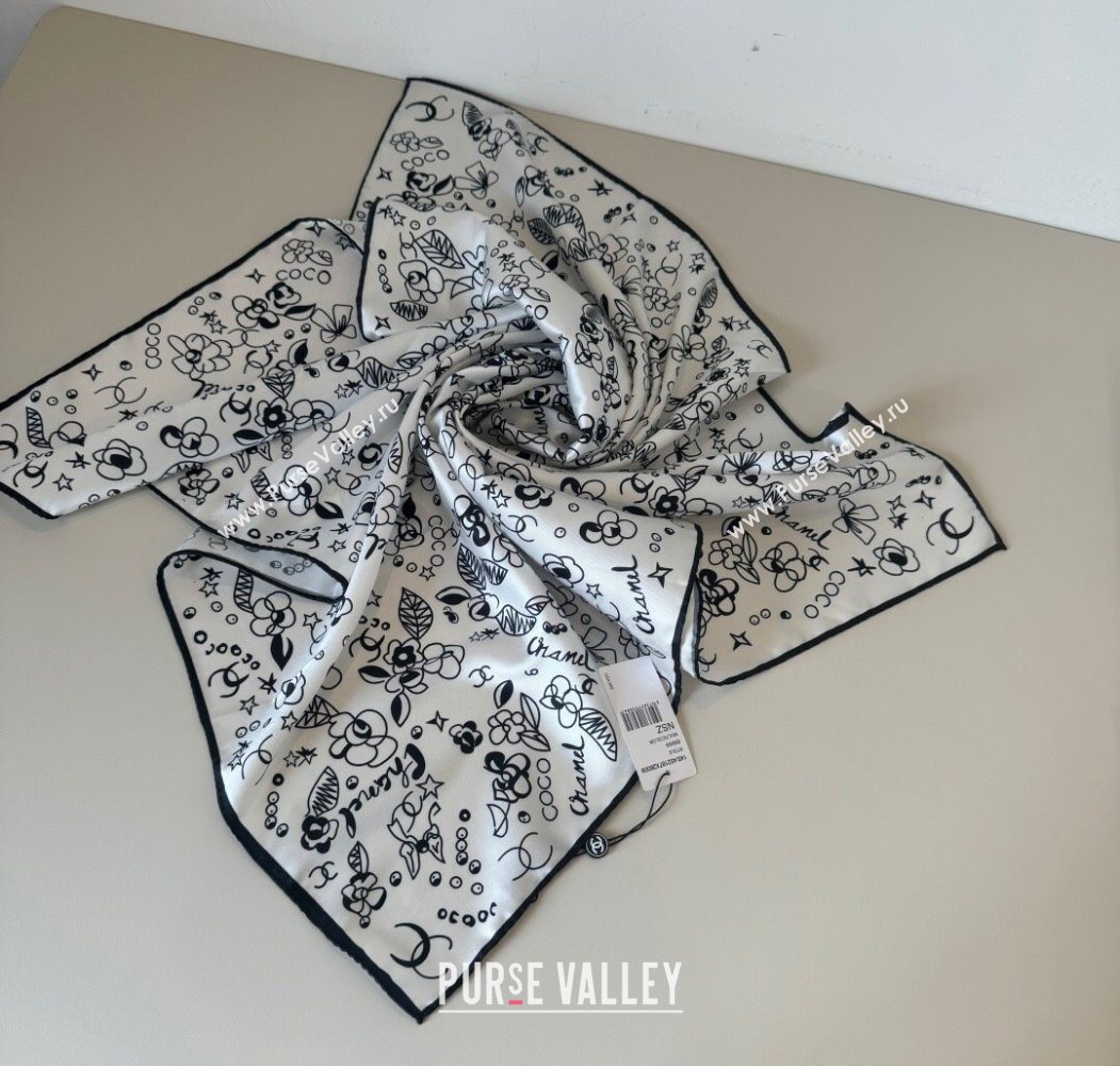 Chanel Flora Silk Square Scarf 90x90cm White 2025 0724 (XMN-250724034)