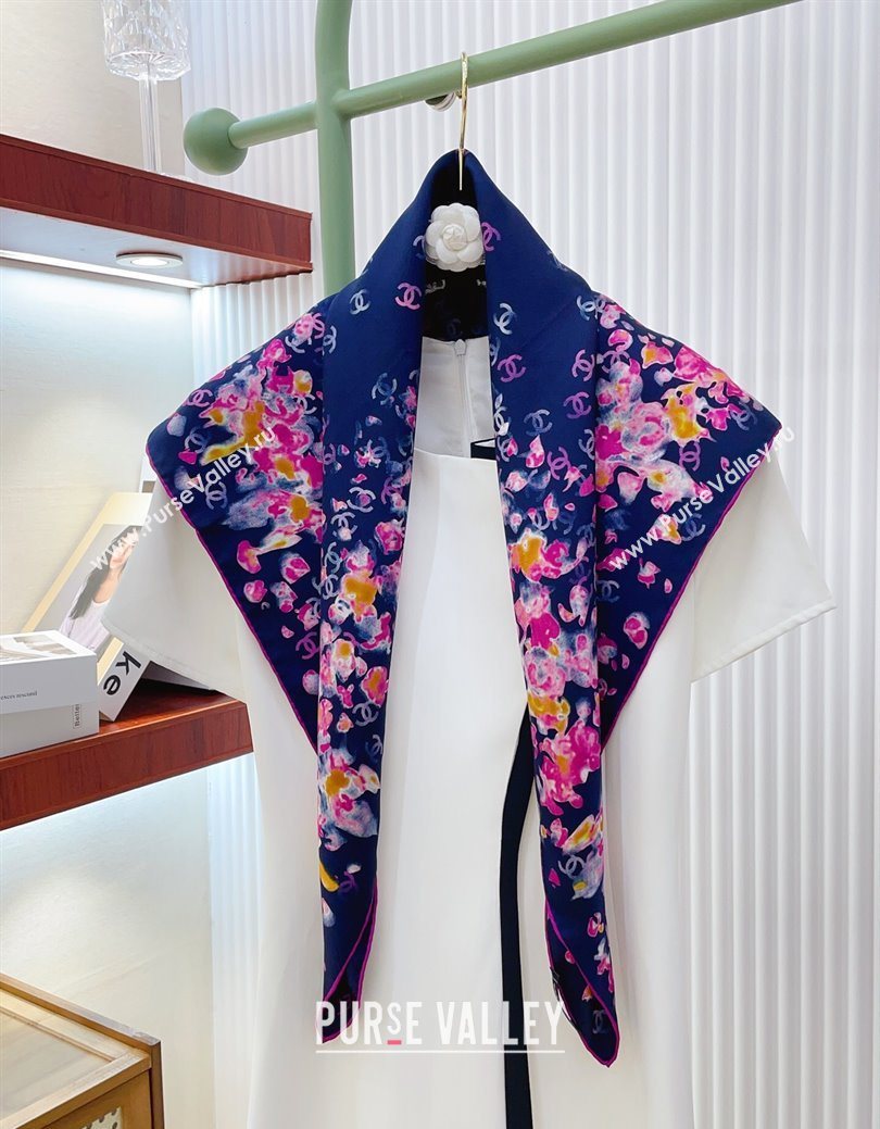 Chanel Flower Silk Square Scarf 90x90cm Blue 2025 0724 (SHI-250724028)