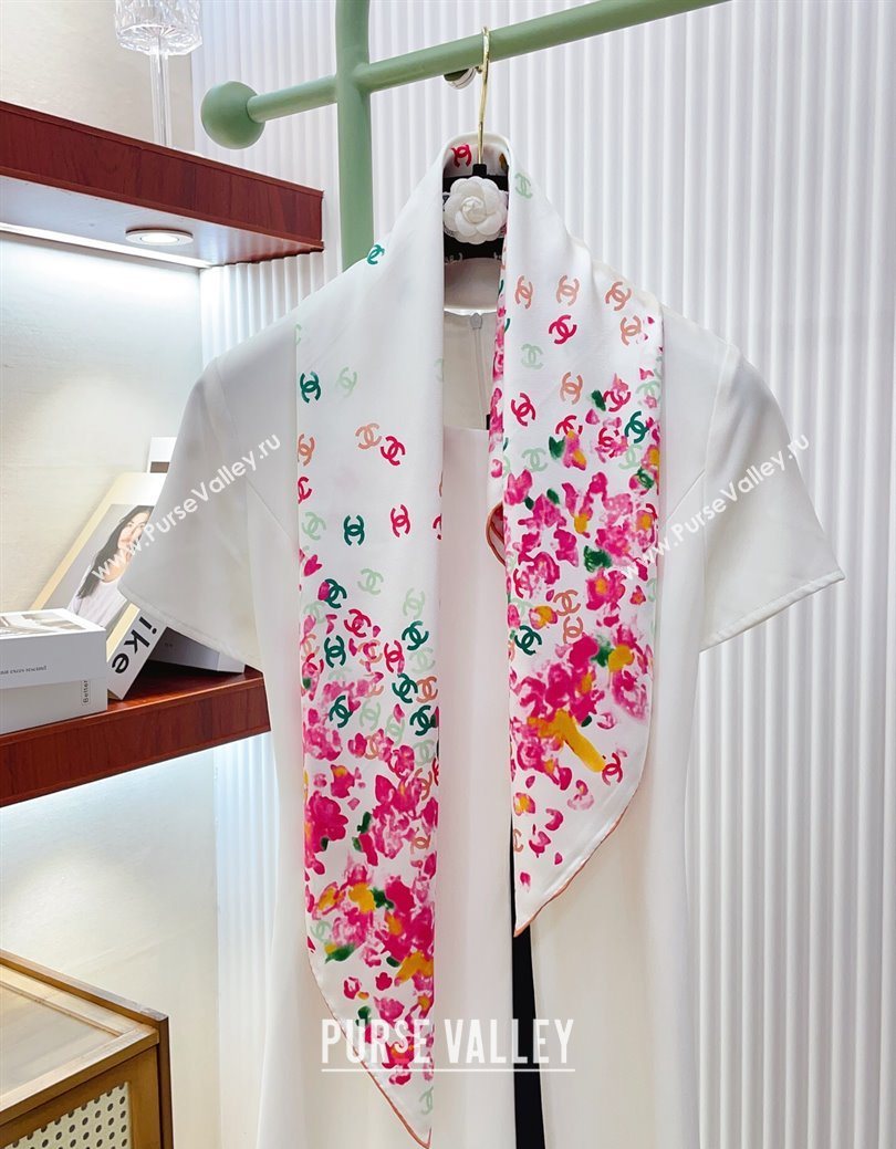 Chanel Flower Silk Square Scarf 90x90cm White/Pink 2025 0724 (SHI-250724029)