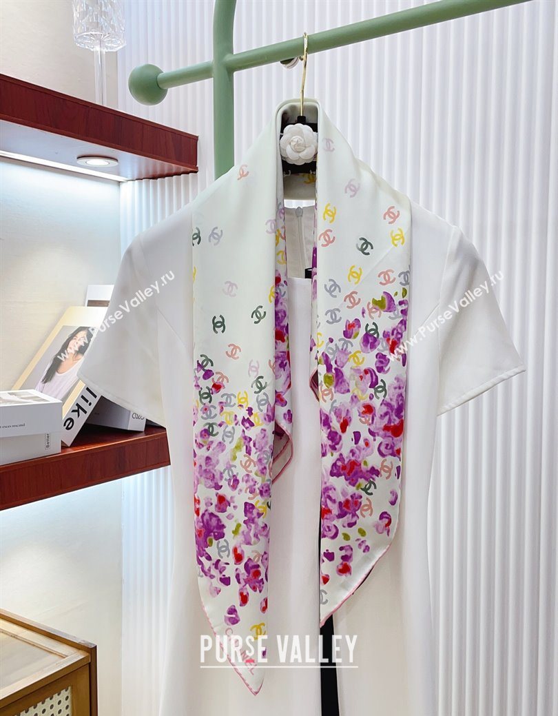 Chanel Flower Silk Square Scarf 90x90cm White/Purple 2025 0724 (SHI-250724027)