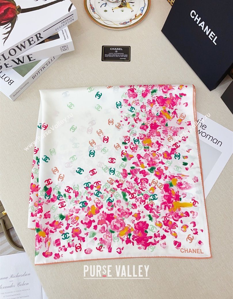 Chanel Flower Silk Square Scarf 90x90cm White/Pink 2025 0724 (SHI-250724029)