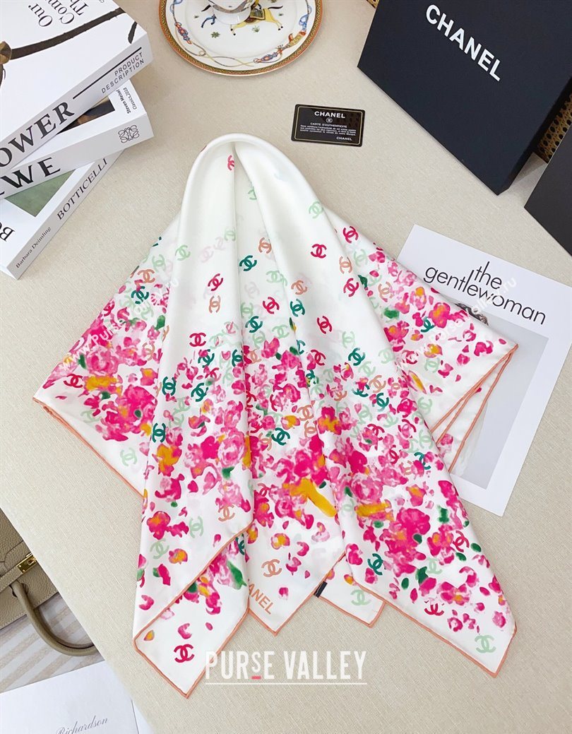 Chanel Flower Silk Square Scarf 90x90cm White/Pink 2025 0724 (SHI-250724029)