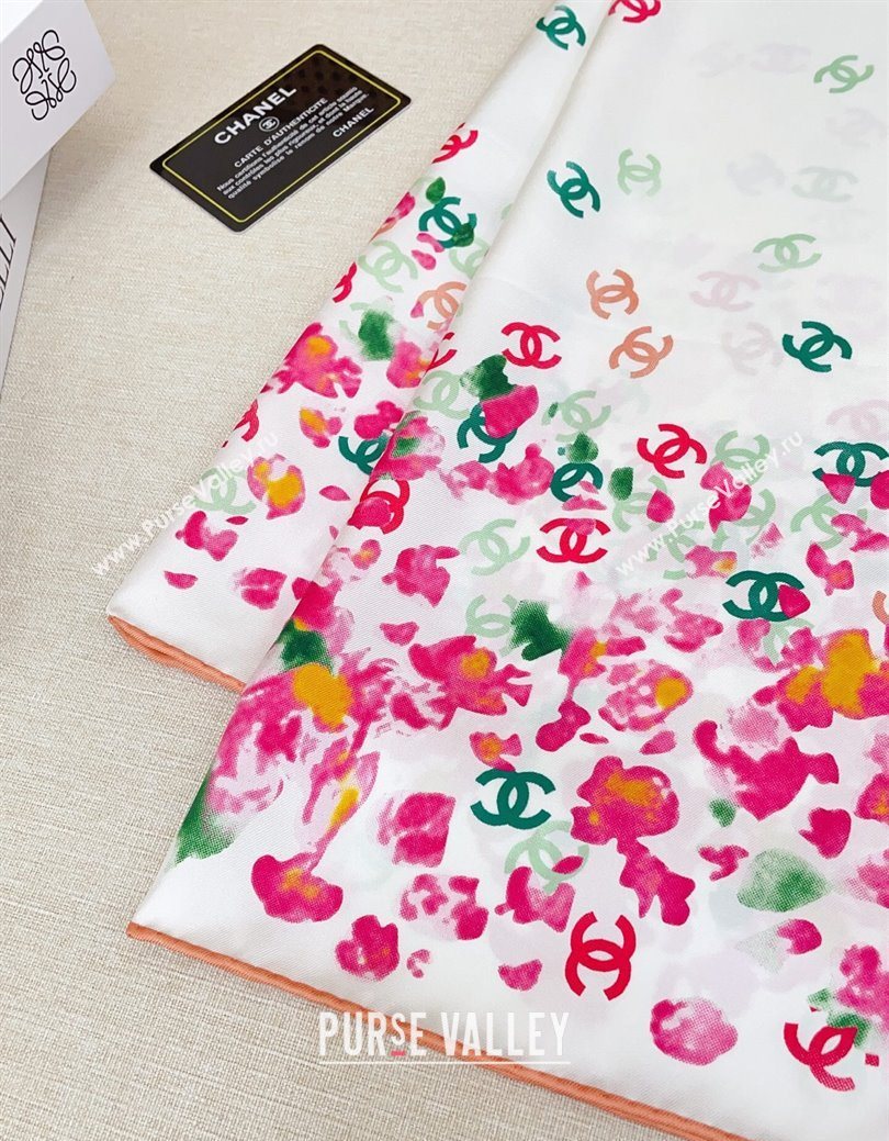 Chanel Flower Silk Square Scarf 90x90cm White/Pink 2025 0724 (SHI-250724029)