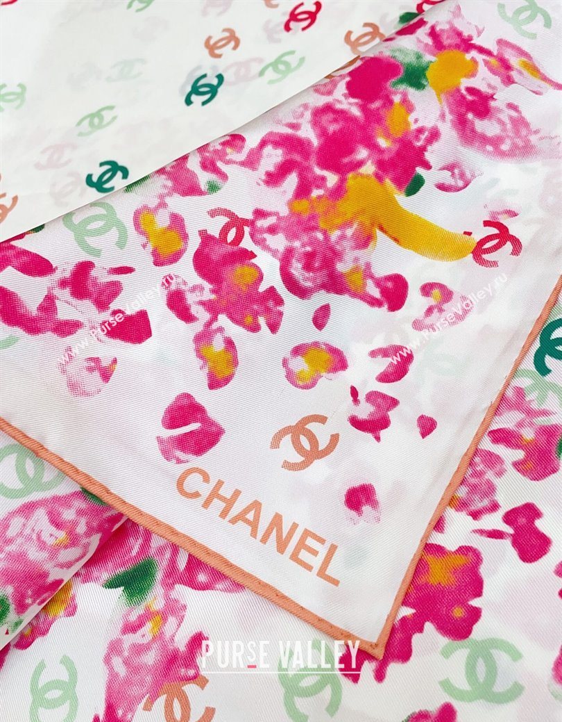 Chanel Flower Silk Square Scarf 90x90cm White/Pink 2025 0724 (SHI-250724029)