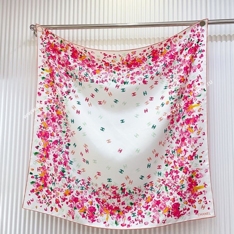 Chanel Flower Silk Square Scarf 90x90cm White/Pink 2025 0724 (SHI-250724029)