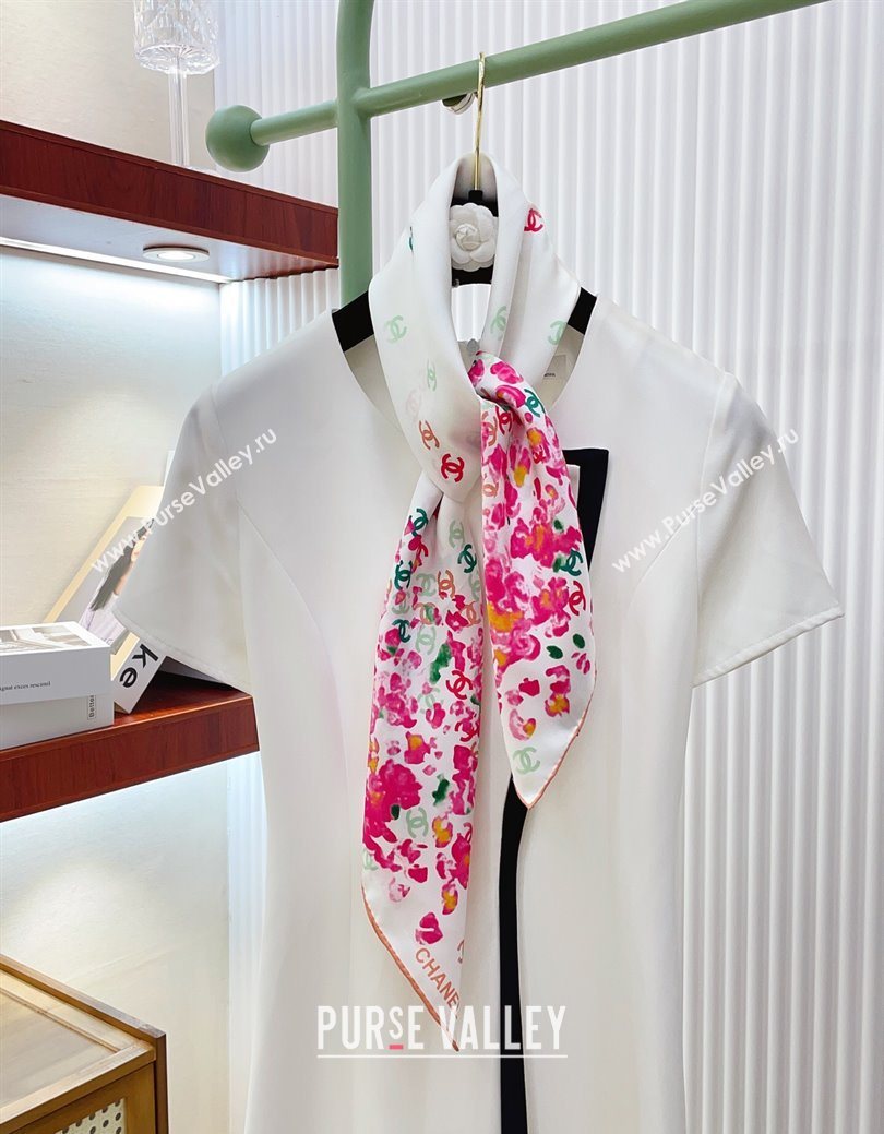 Chanel Flower Silk Square Scarf 90x90cm White/Pink 2025 0724 (SHI-250724029)