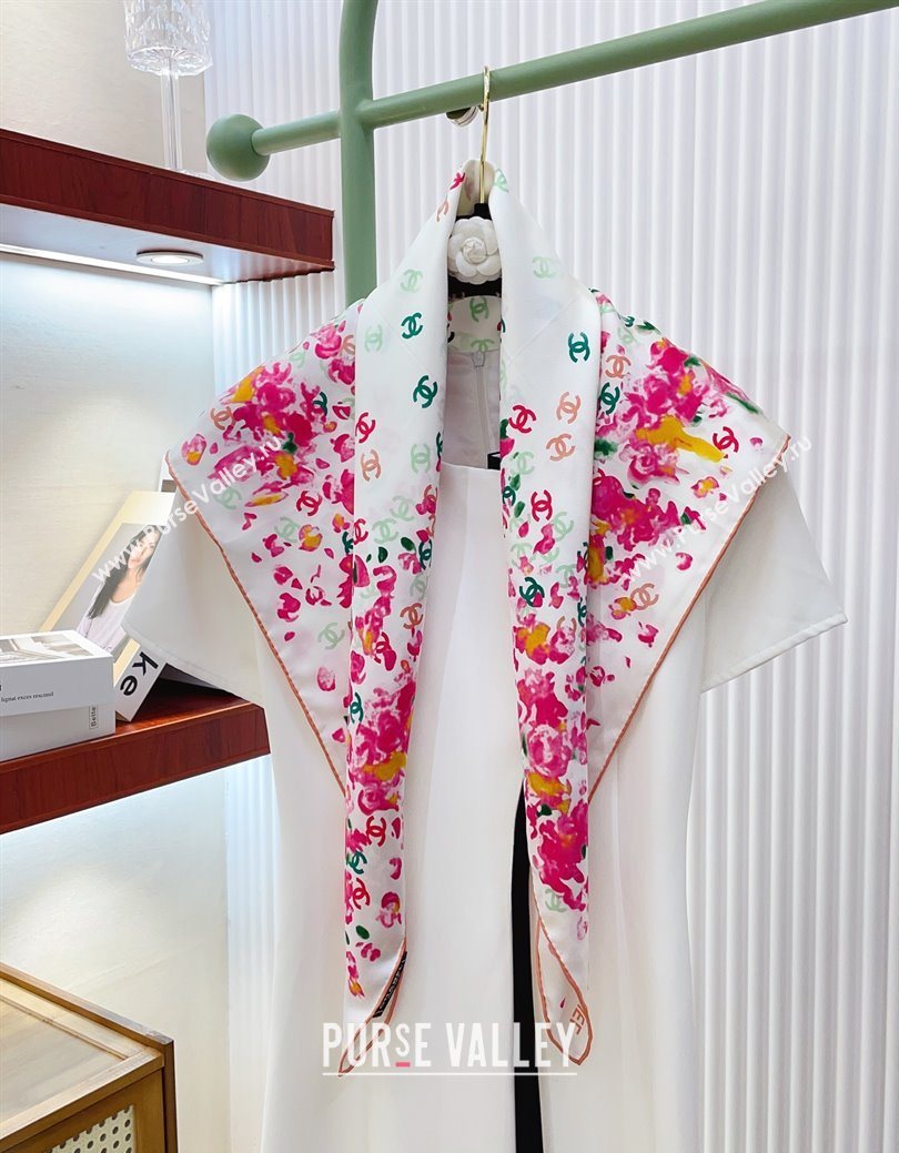 Chanel Flower Silk Square Scarf 90x90cm White/Pink 2025 0724 (SHI-250724029)